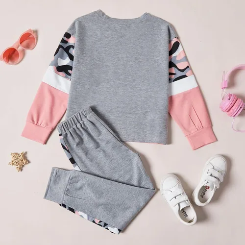 Vista 8 de PATPAT Conjunto de 2 piezas para niñas, camiseta de bloque de color de leopardo, camiseta de cuello redondo, leggings negros, pantalones deportivos