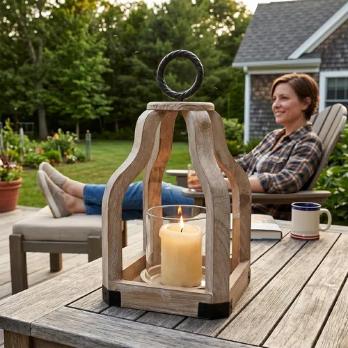 Vista 3 de SWALLOWLIVING Farol Huracán de Madera Rústica de Granja de 13" con Portavelas de Vidrio para Patio, Centro de Mesa, Lavado en Blanco