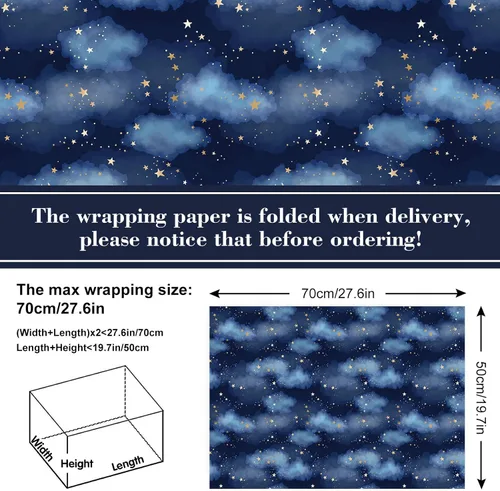 Vista 2 de 12 hojas de papel de regalo de galaxia, no enrollado, papel de regalo de constelación de cielo estrellado azul y morado, plegado plano