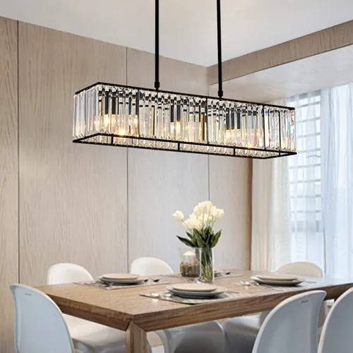 Vista 6 de Siljoy Candelabro rectangular moderno de cristal, 5 luces, color negro, rectangular, con forma de gota de lluvia, lámpara de techo colgante lineal
