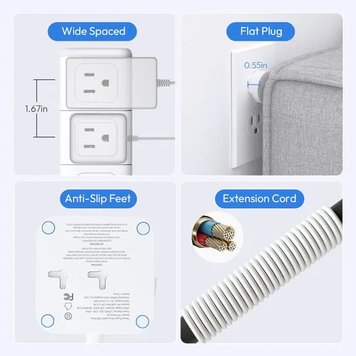 Vista 5 de NTONPOWER Torre de regleta de alimentación con protector de sobretensiones, torre de protección de sobretensiones 1080J, 12 salidas de CA, 4 puertos