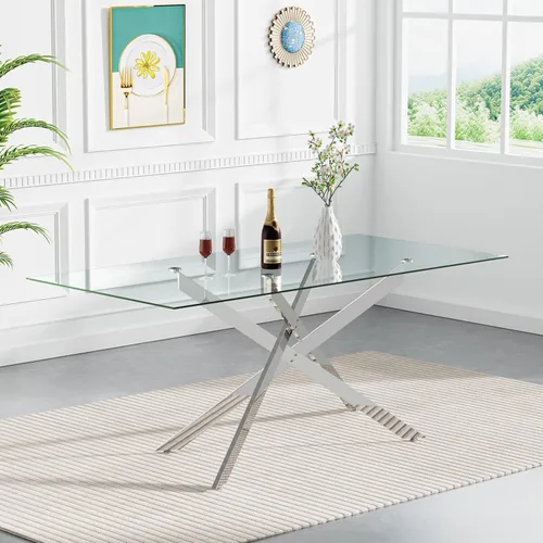 Vista 11 de Mesa de comedor cuadrada de 36 pulgadas para 2, 3, 4 personas, mesa de comedor moderna con patas de metal cromado dorado en forma de X, mesa
