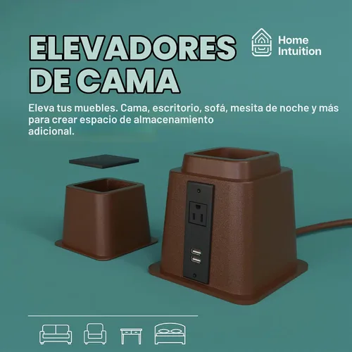 Vista 2 de Home Intuition Elevadores de cama ajustables resistentes de 3, 5 u 8 pulgadas, paquete de 4 (marrón espresso con USB)