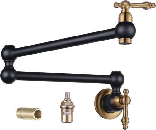 Vista 12 de WOWOW Grifo de llenado de ollas de bronce antiguo, grifo de cocina de montaje en pared de latón con brazos oscilantes de doble junta