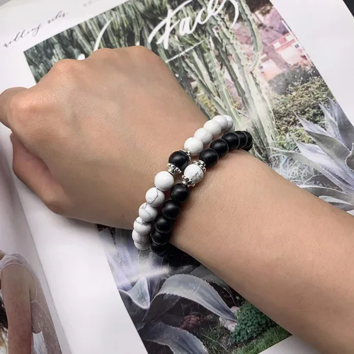 Vista 3 de EZUY GNAY BRAVE NEW - Pulsera de cuentas de la amistad, pulseras de mármol de lava para parejas, joyería de Acción de Gracias para mujeres y hombres