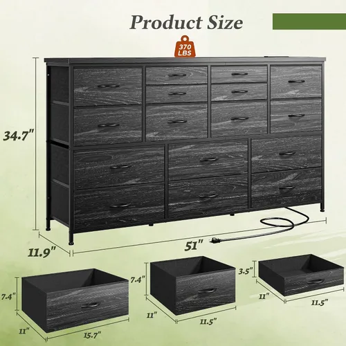 Vista 2 de Romorgniz Cómoda para dormitorio con 16 cajones de tela, cómoda larga con estación de carga, soporte de TV para televisor de 60" cómodas y cajoneras