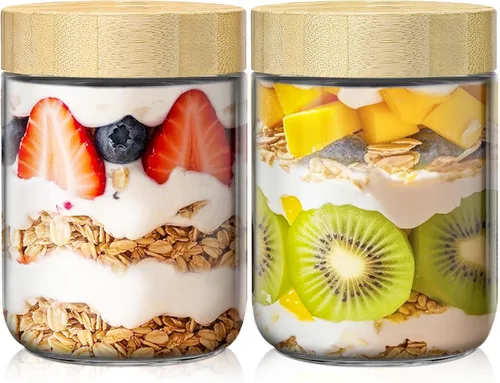 Vista 9 de Paquete de 2 recipientes para avena nocturna de 10 onzas con tapas de bambú, frascos de vidrio con tapas herméticas para preparación de comidas