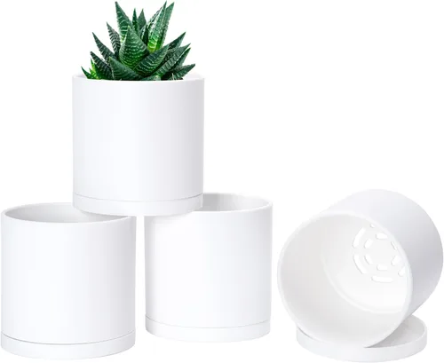Vista 11 de D'vine Dev - Paquete de 2 macetas de plástico modernas de 4 pulgadas, pequeñas macetas de jardín para plantas con orificios de drenaje y platillos