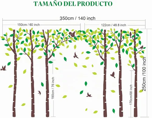 Vista 5 de Calcomanías de pared de árbol de abedul gigante, calcomanías de pared de árbol de la selva, pájaros lindos bosques de ardillas, calcomanías de pared