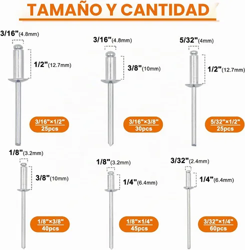 Vista 2 de ISPINNER Kit surtido de remaches ciegos de aluminio de 225 piezas con herramienta de remache manual resistente, 6 tamaños de remaches