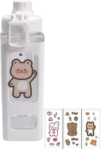 Vista 7 de Botella de Agua de Oso Kawaii con Pajita Deportiva de Plástico Portátil Cuadrada para Niña Linda Taza de Jugo, Té y Agua 700ml (Verde, 700ml)