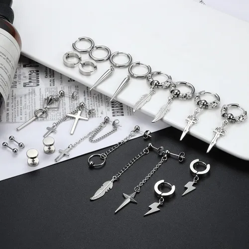 Vista 6 de Fiasaso Juego de 22 aretes colgantes de acero inoxidable con bisagras de aro de cadena larga aretes colgantes de cruz para hombre color negro