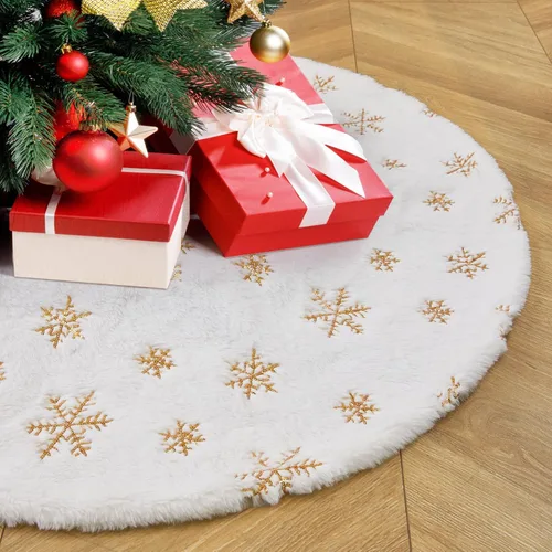 Vista 13 de Falda de árbol pequeña de 24 pulgadas, falda de árbol de piel sintética blanca de Navidad de 4 pies, mini copos de nieve de lentejuelas doradas