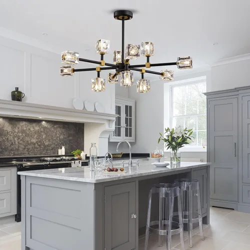 Vista 5 de Candelabro de Cristal Negro, Lámparas de Araña Sputnik con 12 Luces, Lámpara de Techo Moderna Ajustable en Altura Semiempotrada para Comedor, Isla