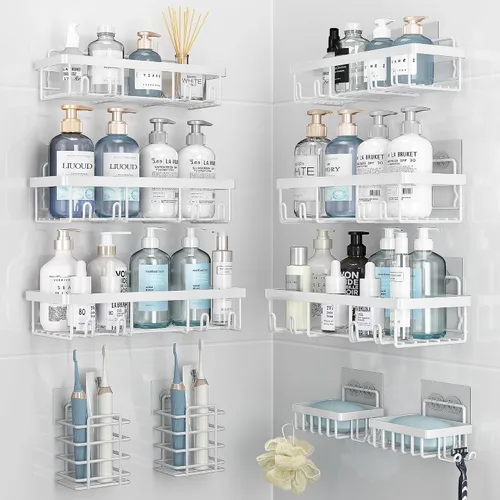 Vista 12 de Liuoud Shower Caddy 5 Pack XL-Size Adhesive Stainless Steel Organizer XL Capacity, With Strong Adhesive, Rustproof, No Drilling Wall Mount Shelvs