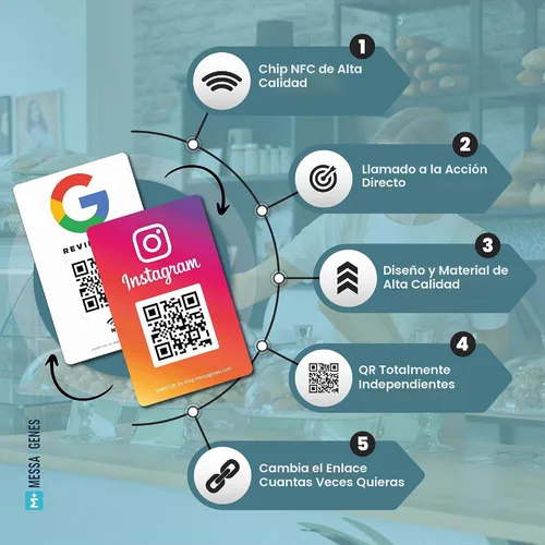 Vista 2 de MESSAGENES Tarjeta de PVC Revítanos en Google QR Code y NFC + Instagram Tarjeta de visita NFC Google Reviews + Instagram Código QR