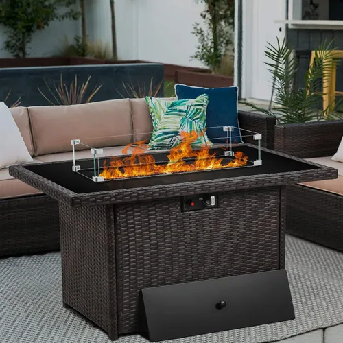 Vista 8 de Mesa de Fogata de Propano, 44 Pulgadas 55000 BTU Fogata de Gas Exterior Rectangular con Protector de Viento de Vidrio para Patio y Terraza Exterior