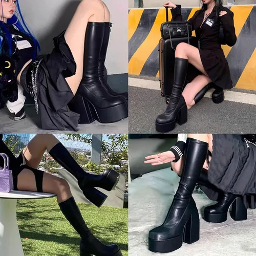 Vista 4 de VOMIRA Botas de tobillo para mujer, tacón alto grueso, puntera cuadrada, cremallera lateral, botas elásticas de piel sintética, botas de plataforma