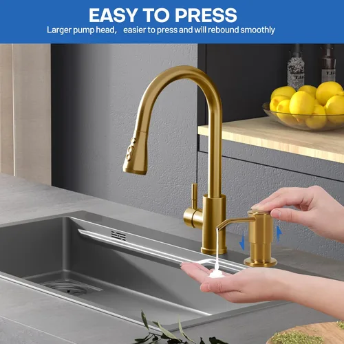 Vista 2 de Dispensador de jabón para fregadero de cocina, dispensadores de jabón integrados de oro cepillado, dispensador de jabón para fregadero de acero