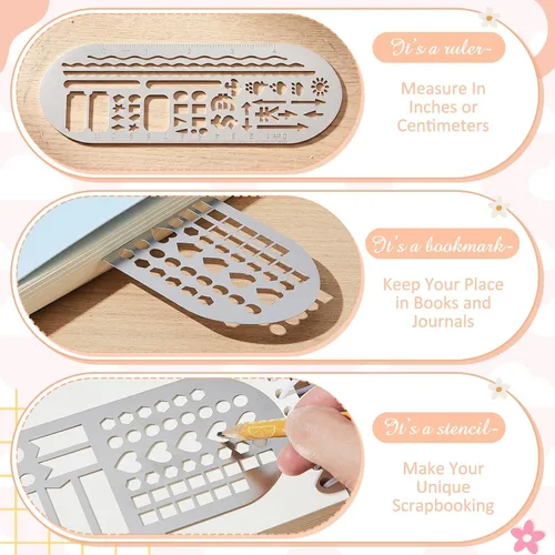 Vista 4 de Chinco 4 Pieces Stencils Metal Journal Template 7.9 x 2.4 Inches Bookmark Ruler School Supplies Stainless Steel Stencils Set for DIY, Engraving