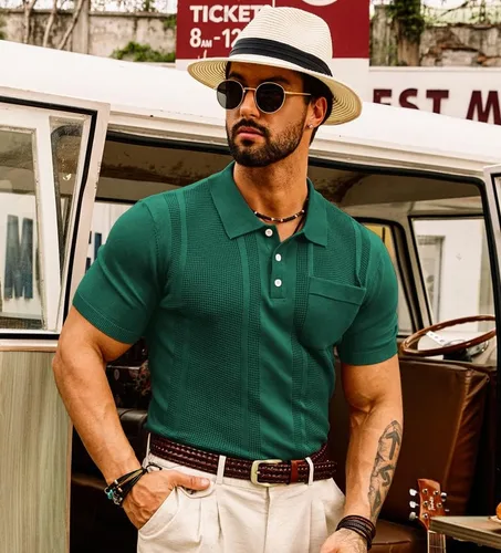Vista 3 de GRACE KARIN Camisas polo de punto para hombre, manga corta, textura, ligeras, suéter de golf