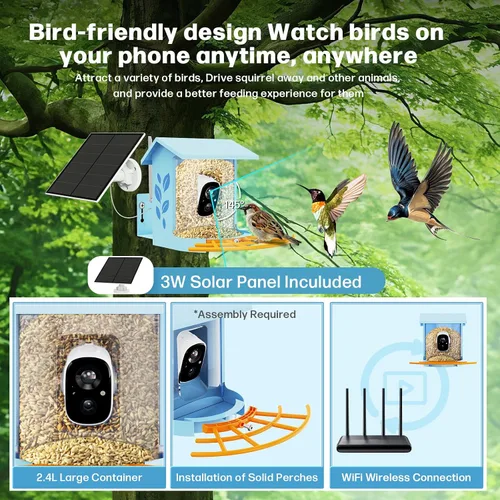 Vista 6 de Bird Feeder with Camera Smart Solar Powered Birds Feeder with 1080P FHD, Auto Motion Detect & Notify, AI Identify 11000+ Bird Species Identification