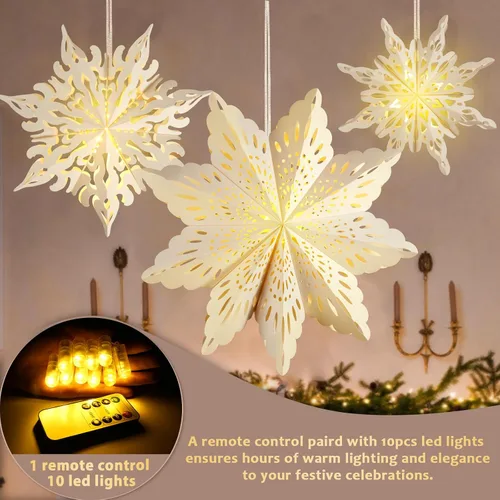 Vista 6 de 10 piezas de linternas de copo de nieve de papel de Navidad, grandes linternas de papel de estrella de Navidad con luces LED, adornos blancos