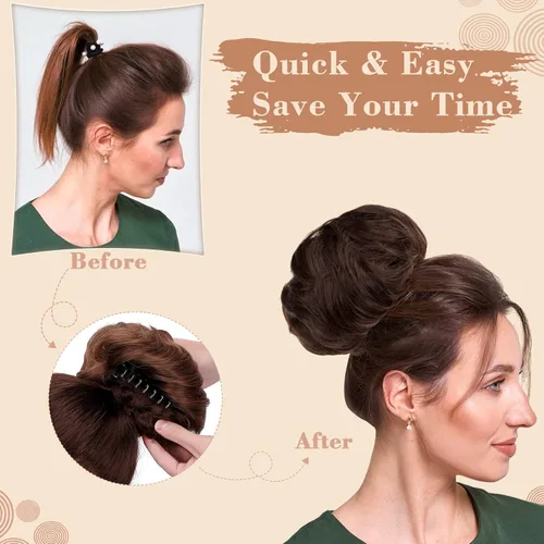 Vista 5 de Moño desordenado, extensiones de cabello sintético con clip de garra, para mujer, rubio ceniza, mezcla de rubio decolorado