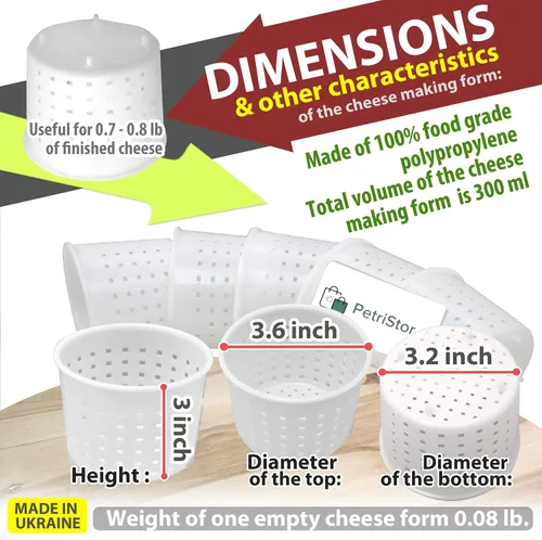 Vista 3 de PetriStor - Molde de queso pequeño para hacer queso de 1/3 cuartos de galón, forma de crema suave casera - Moldes para queso fresco casero - Feta