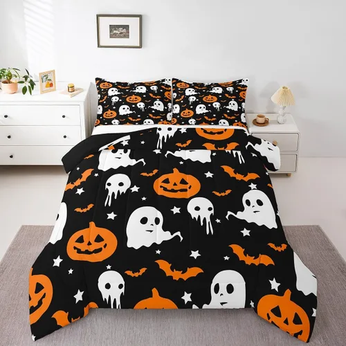 Vista 27 de Feelyou Juego de edredón de Halloween, color rosa fantasma, juego de ropa de cama tamaño individual, decoración para niños y niñas, lindo juego