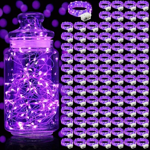 Vista 13 de Aogist Paquete de 24 luces de hadas, 3 modos, 2,1 metros, 20 luces LED, impermeables, cable plateado, funcionan con pilas, mini luces de alambre