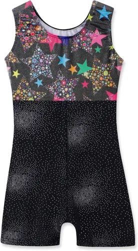 Vista 2 de Belovance Maillots de gimnasia para niñas con pantalones cortos, patrón brillante de mariposas y flores, sin mangas, biketards, rosa intenso negro