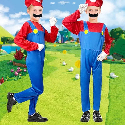 Vista 3 de Super Brothers Costume for Kids Halloween Plumber Cosplay Jumpsuit with Hat Mustache Gloves