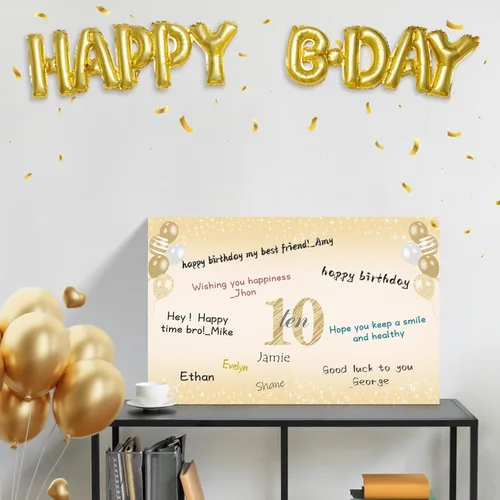 Vista 4 de Turypaty Tarjeta de 10 cumpleaños grande con sobre para niños y niñas, libro de firmas de invitados gigante de feliz 10 cumpleaños en negro y oro