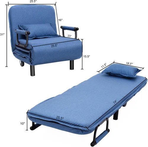 Vista 2 de Cama convertible con sofá cama triple 3 en 1 con almohada, diván plegable de ocio con respaldo ajustable de 5 ángulos, cama perezosa tapizada