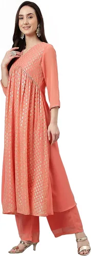 Vista 5 de Janasya Indian Peach Georgette Foil Print Kurta con Palazzo y Dupatta para mujer
