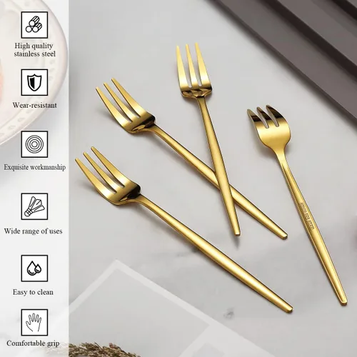 Vista 3 de Evanda Juego de 6 tenedores dorados para postre de 6.3 pulgadas, tenedor de repostería chapado en titanio dorado, tenedor familiar para frutas