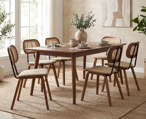 Vista 9 de Juego de 2 sillas de comedor de ratán, asiento de piel sintética Beige/Negro