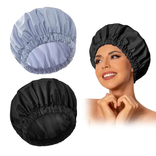 Vista 21 de Gorro de ducha reutilizable para mujer, grande, impermeable, lavable, banda elástica, accesorios de baño, sombrero para cabello largo, trenzas Beige