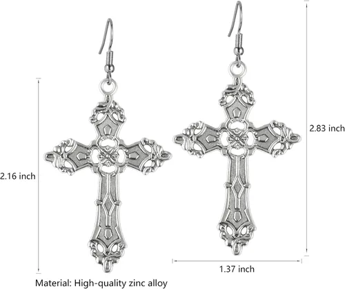 Vista 6 de Aretes de cruz gótica para mujer, aretes góticos negros, aretes góticos, aretes punk vintage, aretes colgantes de cruz de plata, joyería gótica