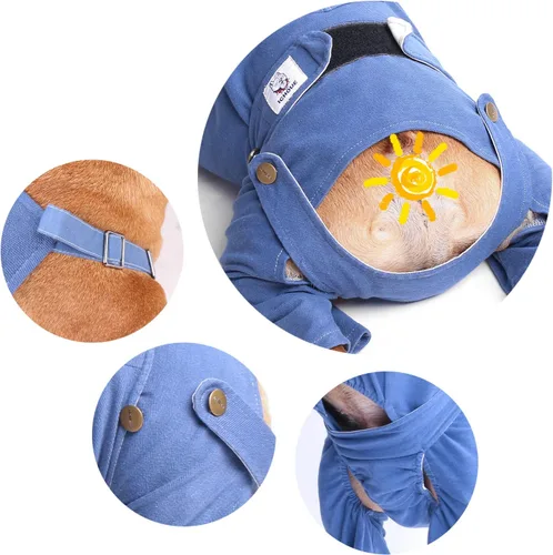 Vista 3 de iChoue Lindos pañales para perro con tirantes para bulldog francés, pug francés, bulldog inglés, hembra, en ciclo de calor, azul, pequeño con 1 pañal
