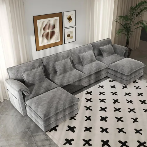 Vista 13 de Real Relax 145'' Sofá seccional modular, sofá convertible de 4 plazas con chenilla, 8 almohadas y 2 reposabrazos para sala de estar, oficina