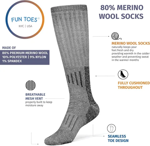 Vista 3 de FUN TOES Calcetines de lana merino 80% para botas hasta la rodilla, calcetines de senderismo de lana perfectos para invierno en 3 colores, 3 pares