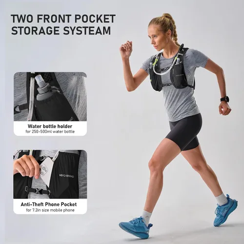 Vista 2 de N NEVO RHINO Chaleco para correr, chaleco de hidratación de 5 litros con vejiga de agua de 1.5 L, mochila de hidratación ligera para senderismo