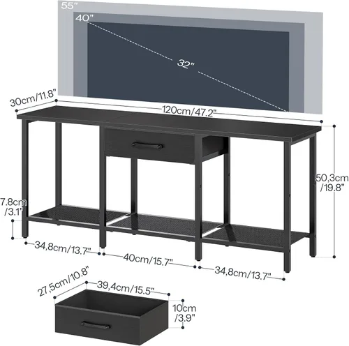 Vista 2 de HOOBRO Soporte de TV para televisores de hasta 55 pulgadas, centro de entretenimiento con cajón de tela y estantes abiertos, mesa consola industrial