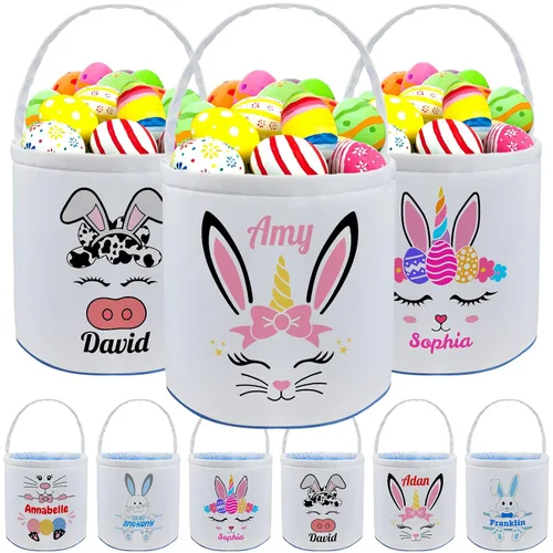 Vista 27 de Cesta de Pascua personalizada con nombre para niños, lona personalizada, cubo de Pascua, regalo para niños y niñas