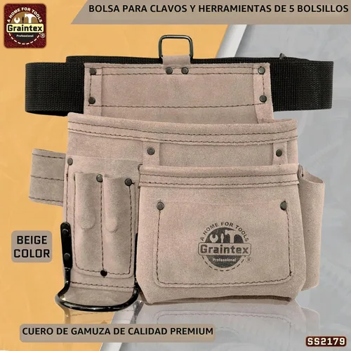 Vista 2 de Graintex 5 Pocket Suede Leather Tool Belt/Bag, Multipurpose Leather Tool Belt for Women and Men, Ideal for Construction, Electrician, Handymen Beige