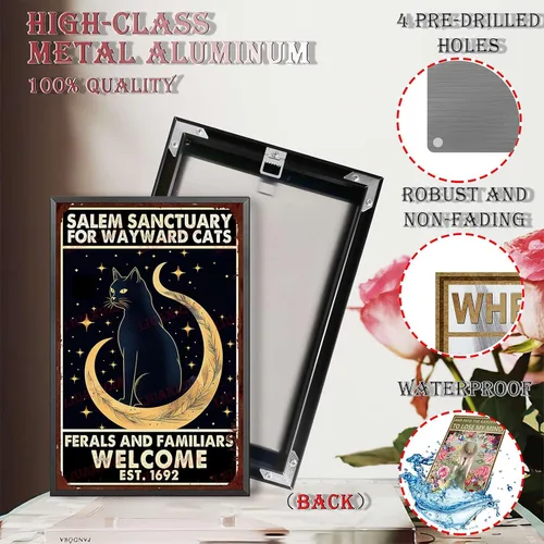 Vista 3 de Letrero de metal de hojalata Salem Sanctuary para gatos Wayward Ferals and Familiars, letrero de metal de hojalata para hombre, decoración de pub, 8