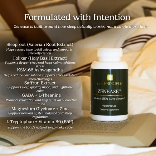 Vista 10 de Zen Principle Zenease - Soporte para dormir con glicinato de magnesio, Ashwagandha KSM-66, azafrán, L-teanina y GABA, sin melatonina, alivio natural