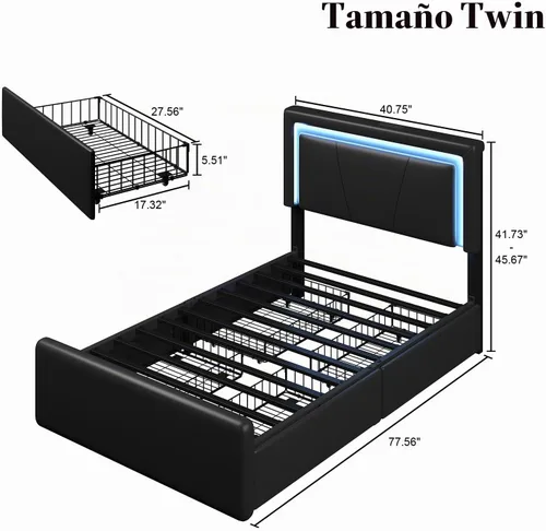 Vista 2 de Base de cama tamaño individual con 4 cajones de almacenamiento, luz LED, tapizado negro Platform Bed, Charging Station, Adjustable Headboard, PU